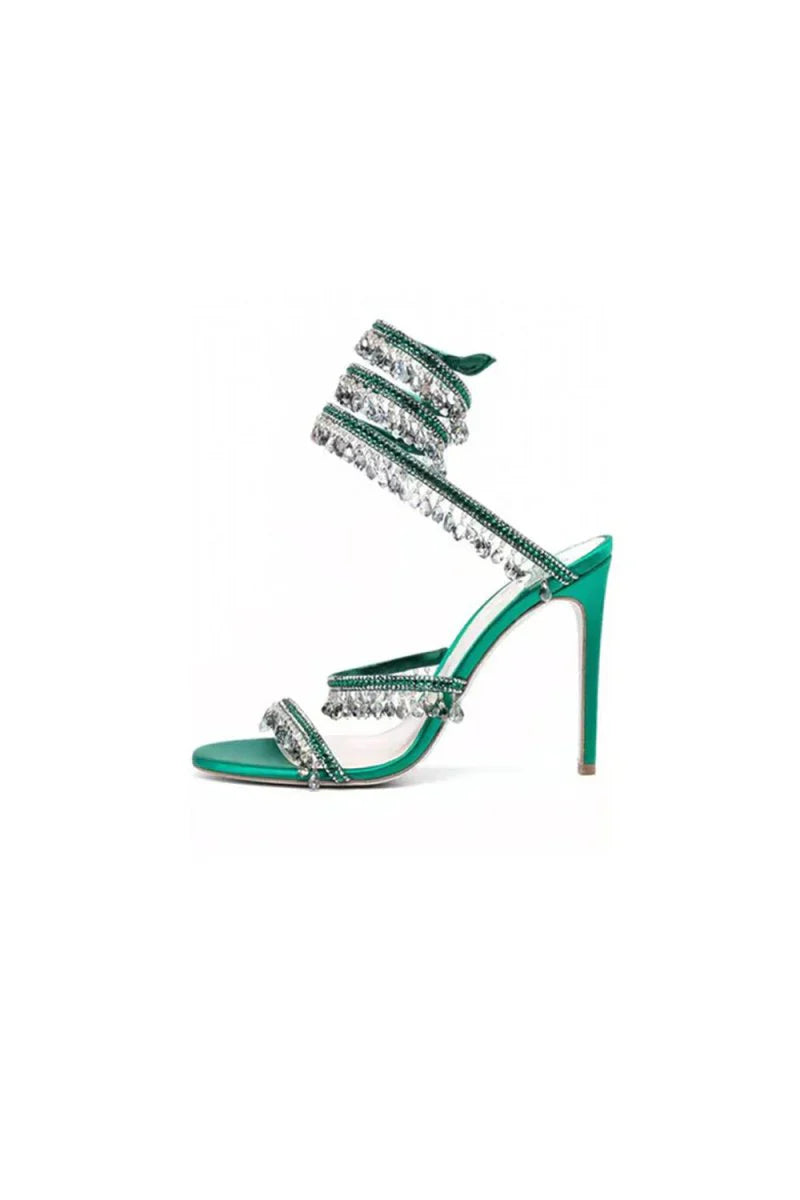 Open Toe Ankle Wrap Beaded Crystal Stiletto Heels