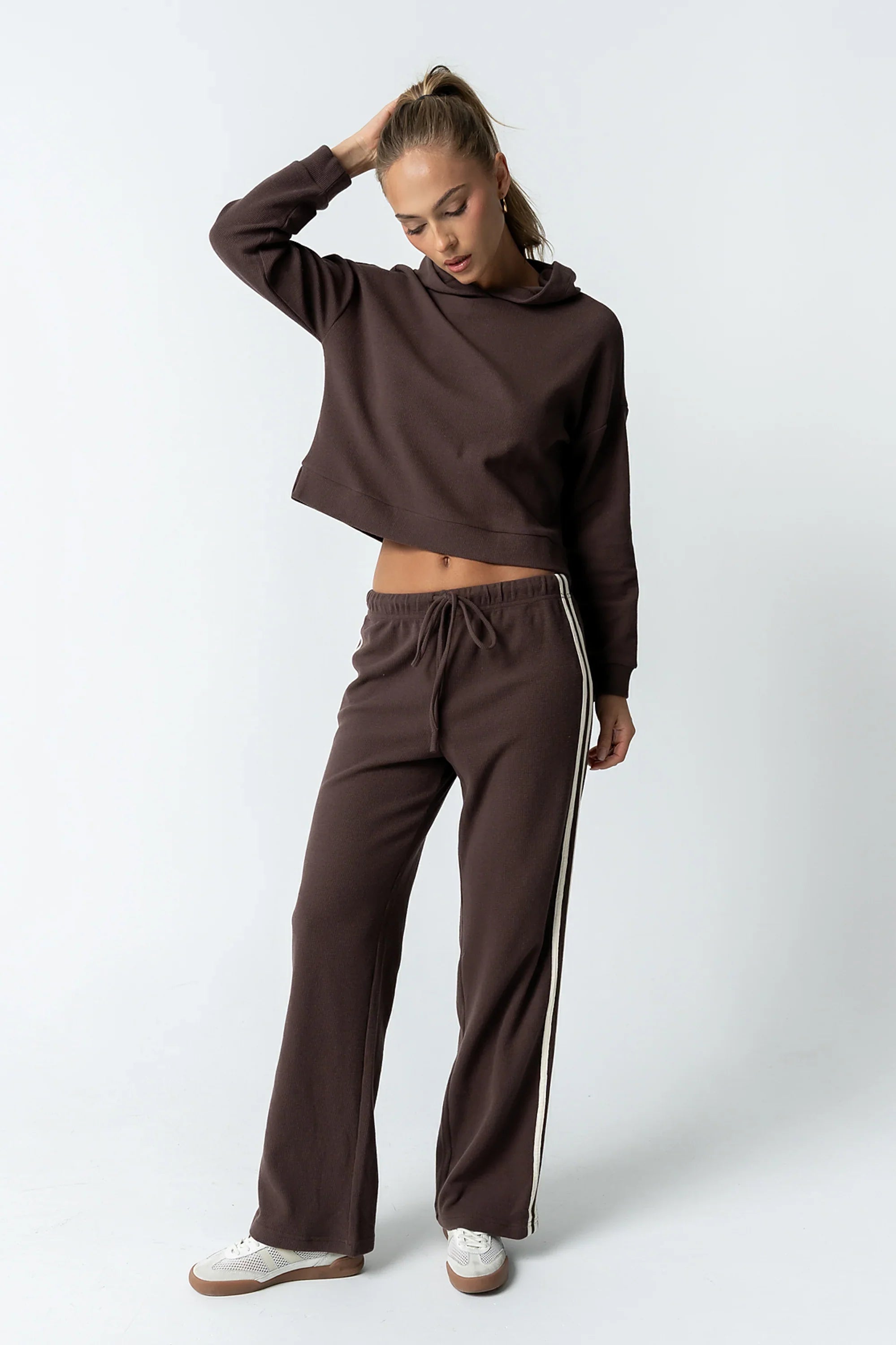 Kourtney Waffle Knit Hoodie in Brown
