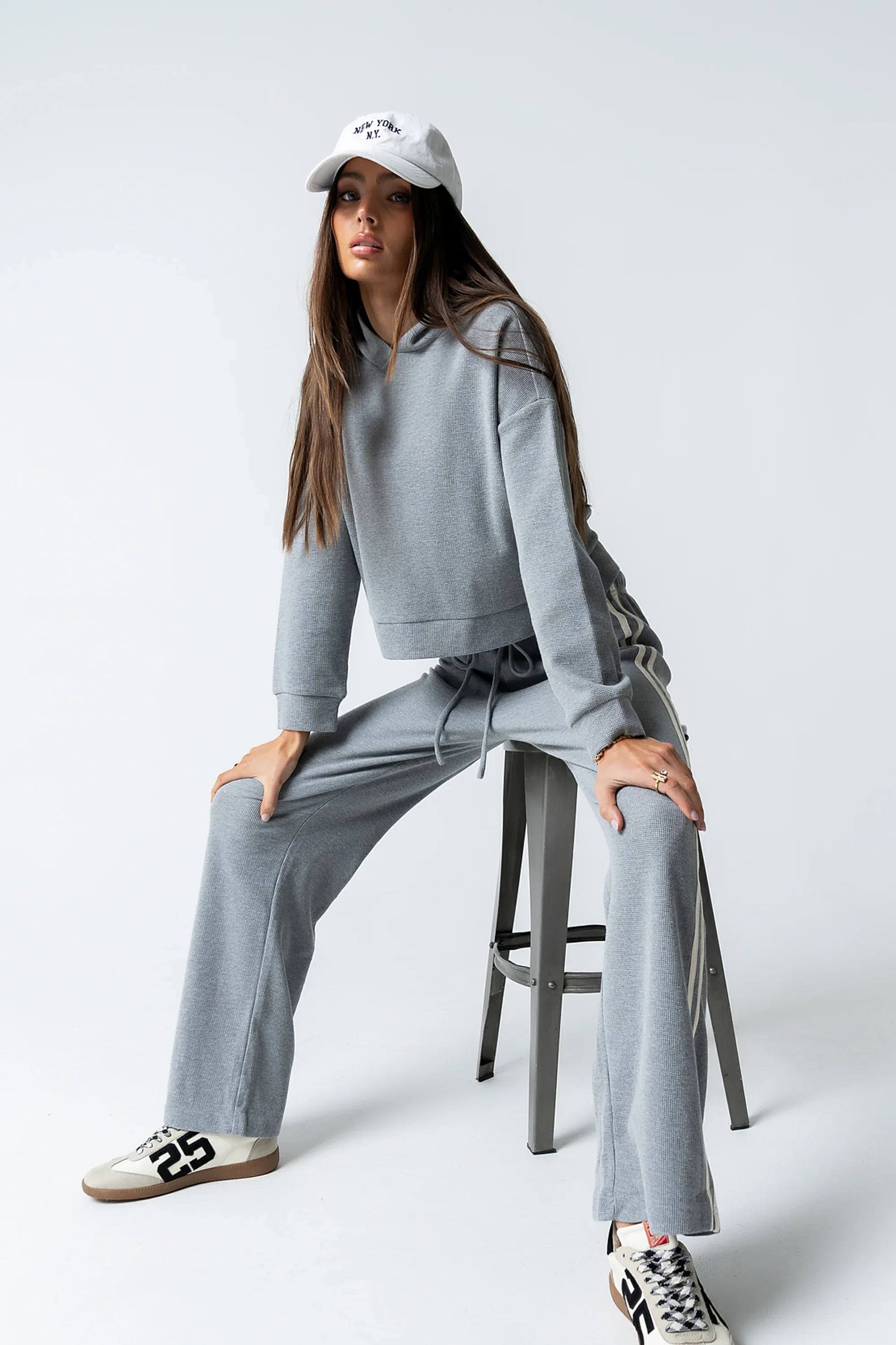 Kourtney Waffle Knit Hoodie in Grey