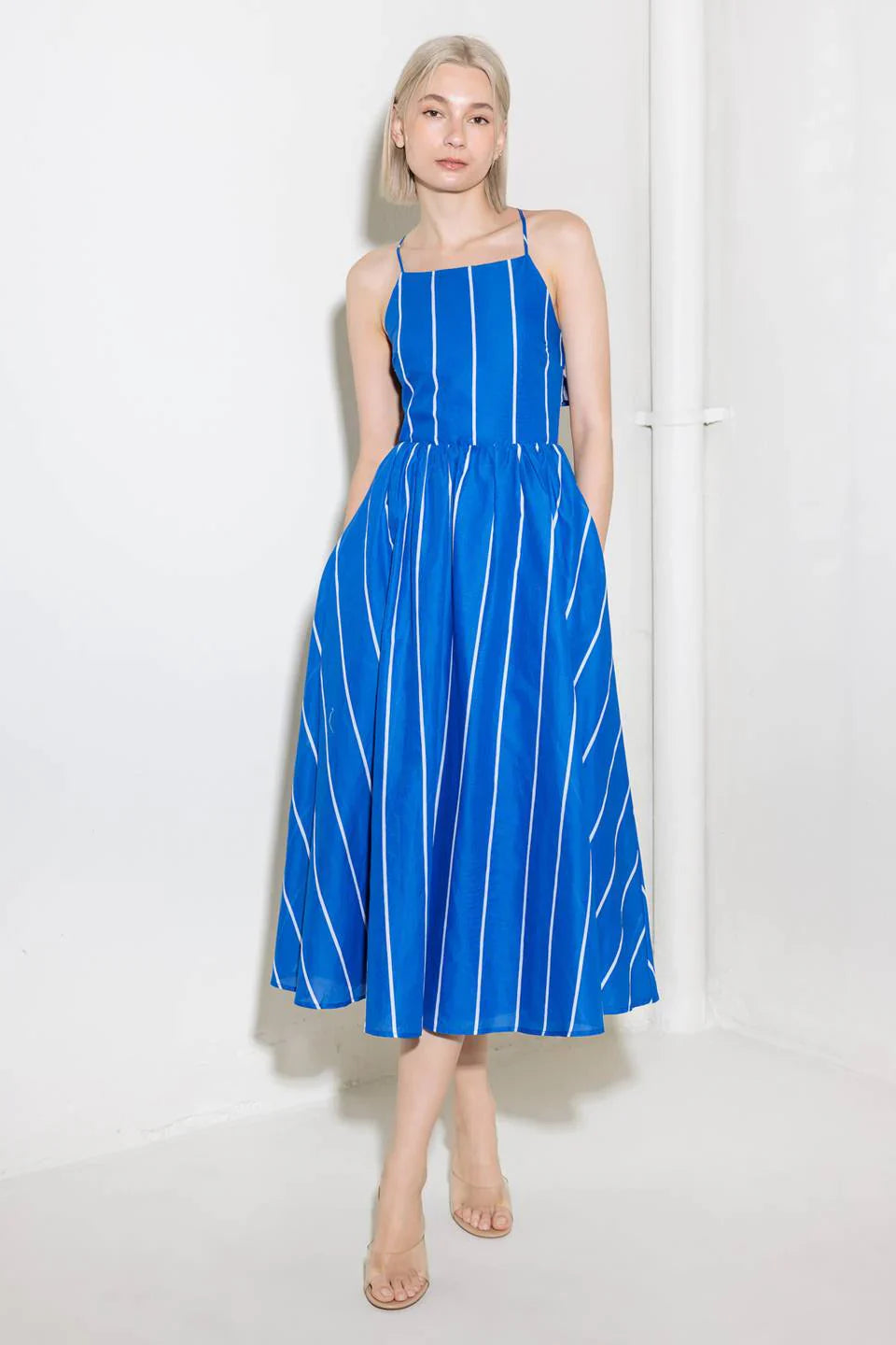 LET THE GOOD IN BLUE STRIPE TIE BACK MIDI DRESS