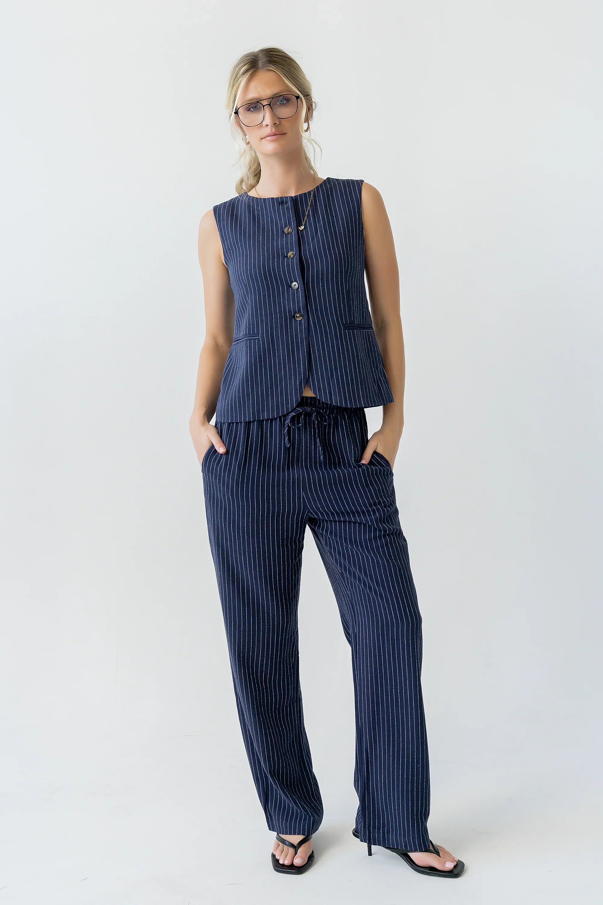 Vivienne Pinstripe Sleeveless Vest in Navy