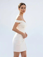 Off the Shoulder Short Satin Cowl Neck Simple Formal Wedding Dress With Slit