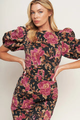 ROSE PUFF SLEEVE FITTED MIDI DRESS