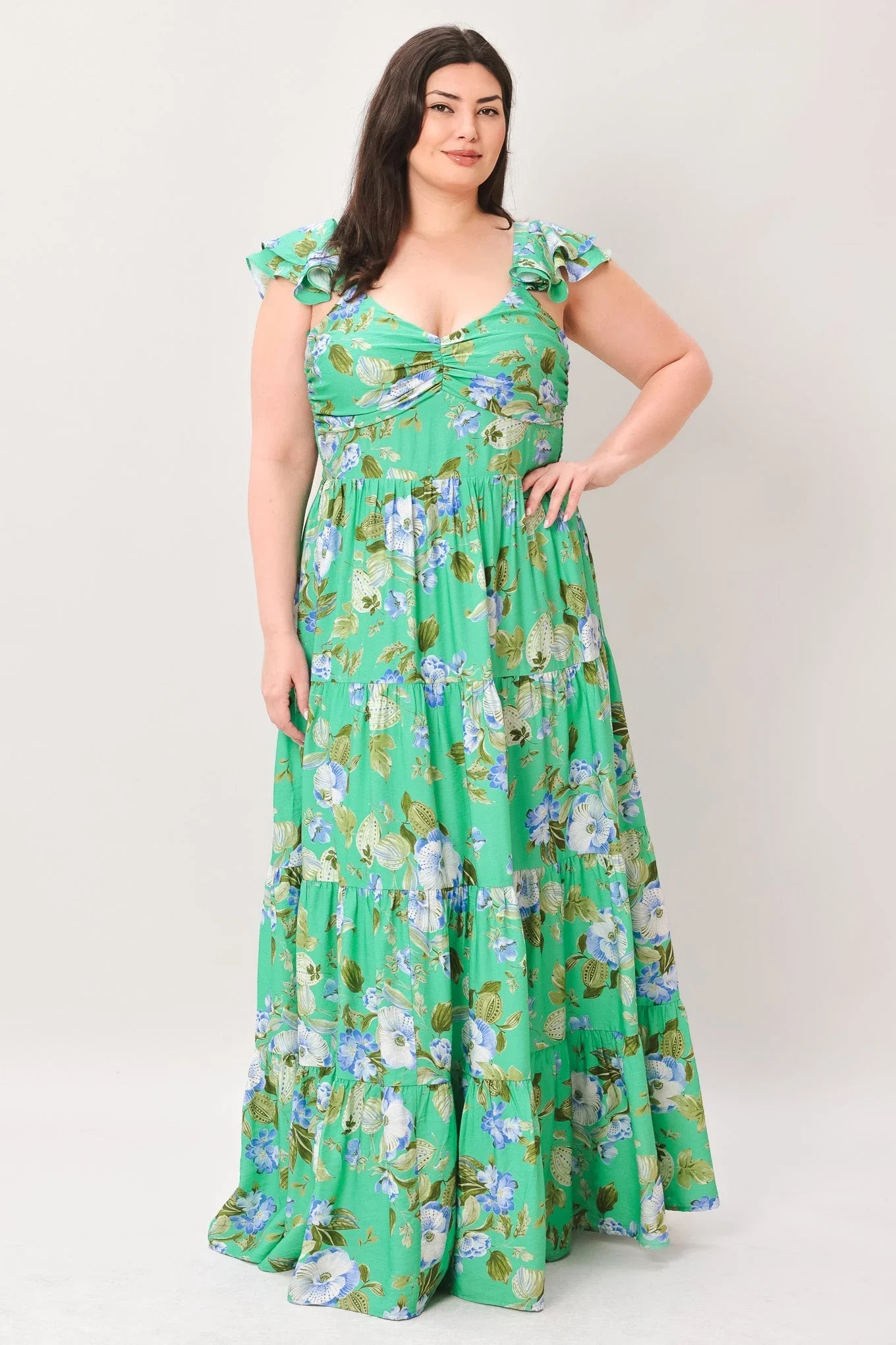 FRESH BLOSSOM GREEN FLORAL MAXI DRESS