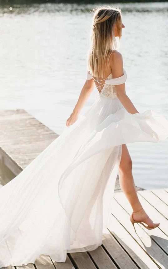 A Line Lace White Lace Up Off the Shoulder Wedding Dress with Slit