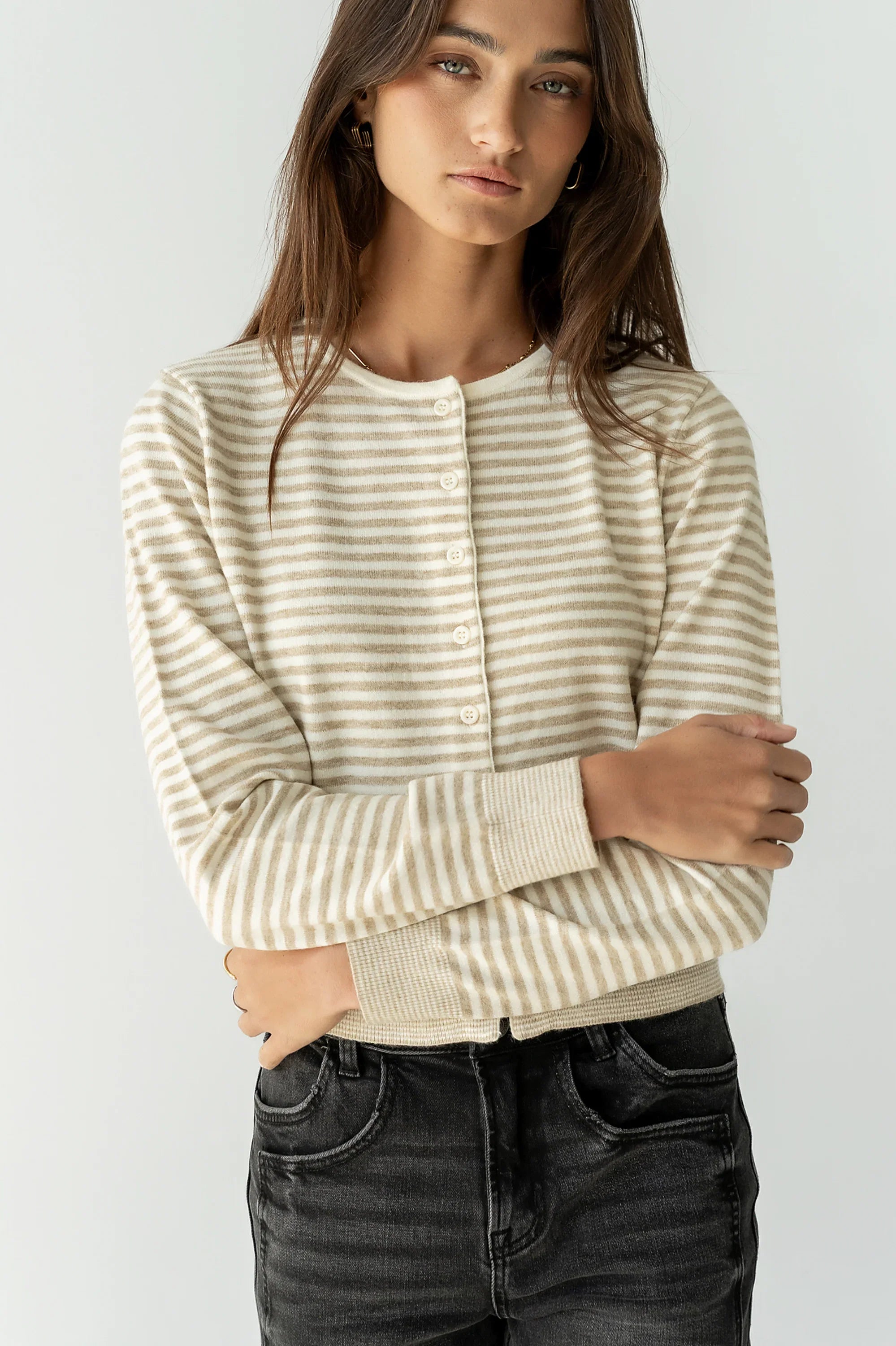 Edesse Striped Cardigan in Taupe