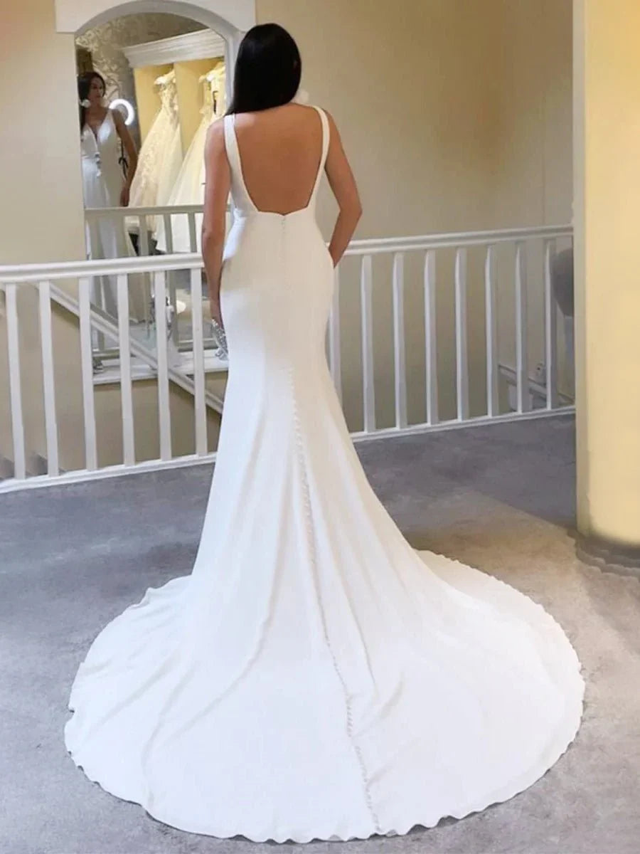 Ivory Plunge V Open Back Mermaid Long Wedding Dress