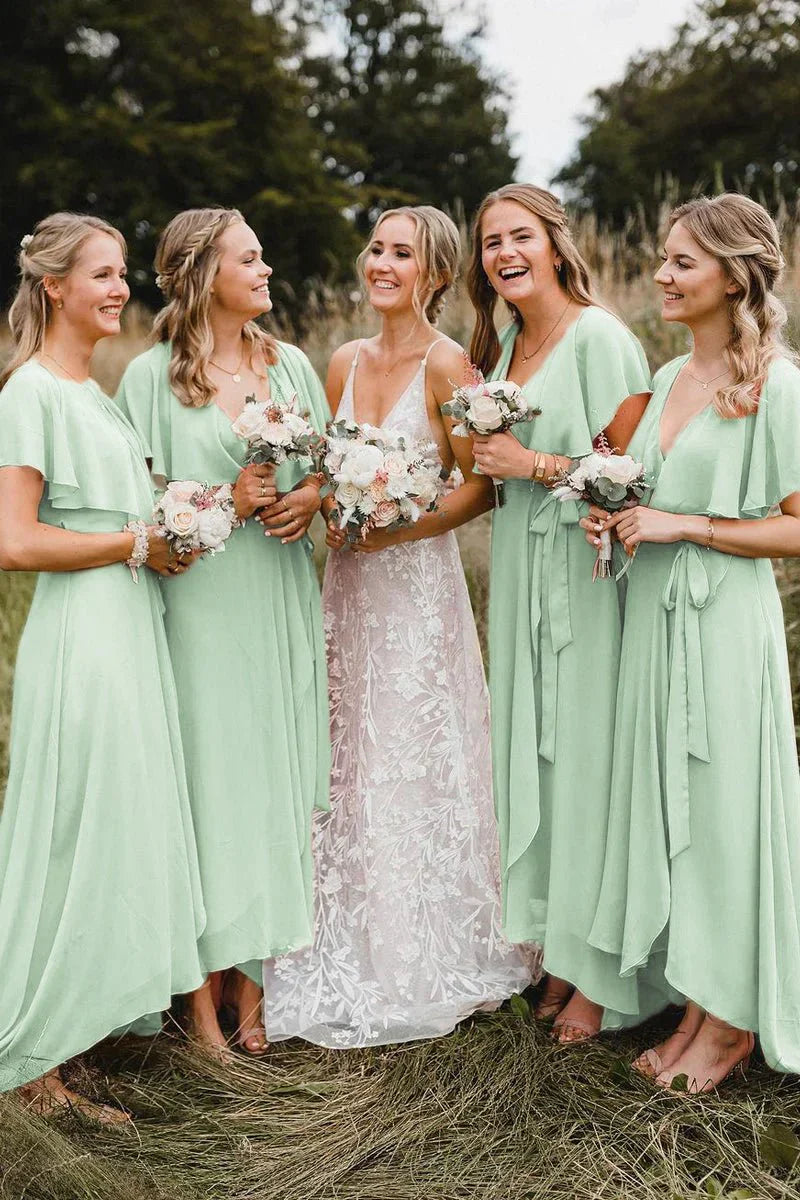 Simple A Line Coral Chiffon Long Bridesmaid Dresses