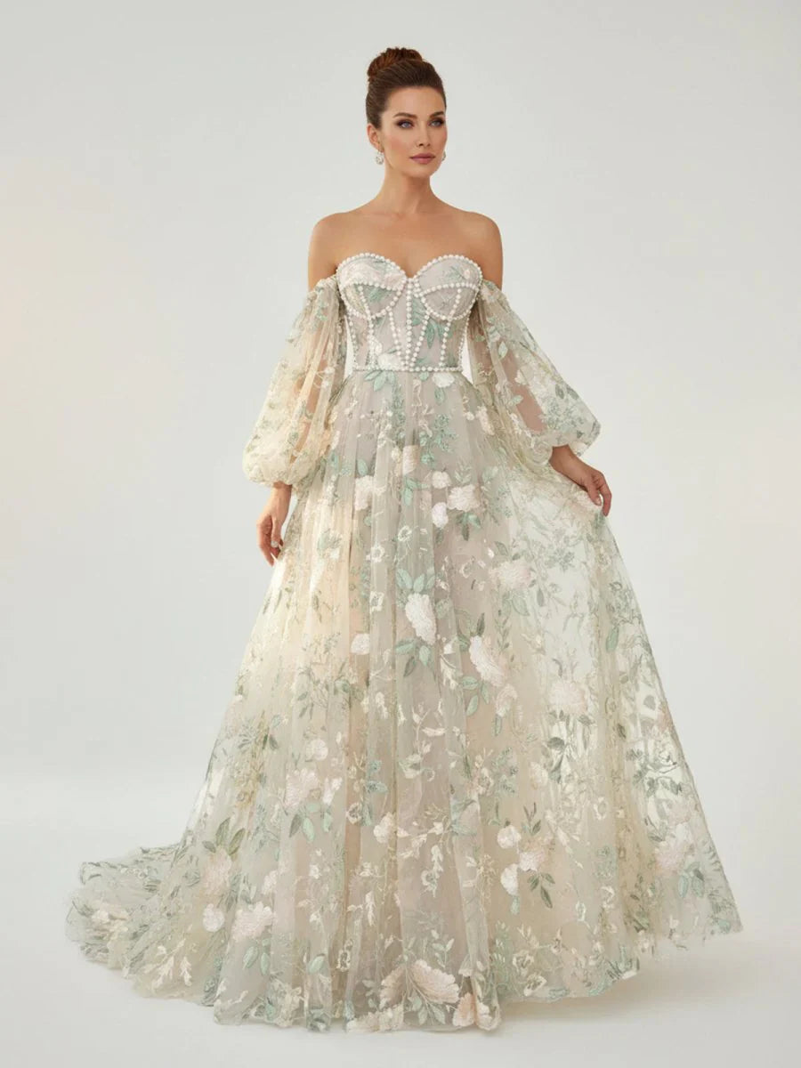 A Line Light Green Sweetheart Pearl Wedding Dress