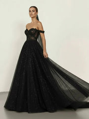 A Line Black Gothic Wedding Dresses with Sequin Lace Appliques