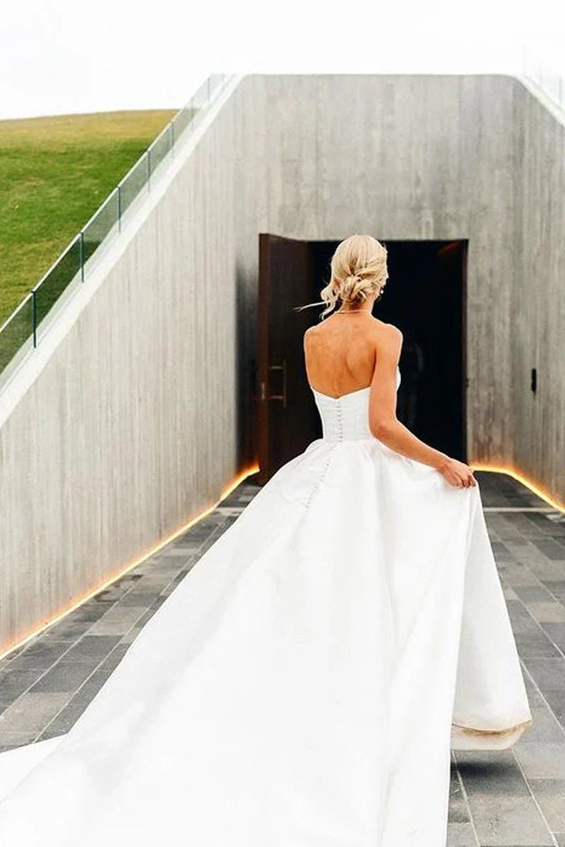 A Line V Neck Satin Wedding Dresses with Detachable Straps