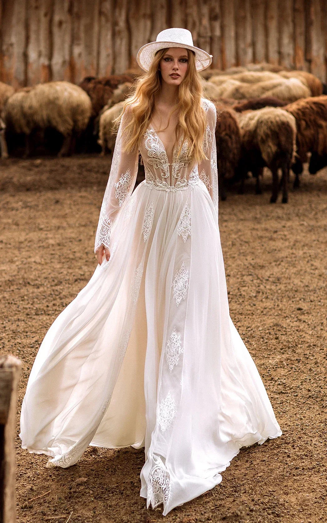 A Line Boho Lace Wedding Dress with Sleeves Plunging Neckline Sweep Train
