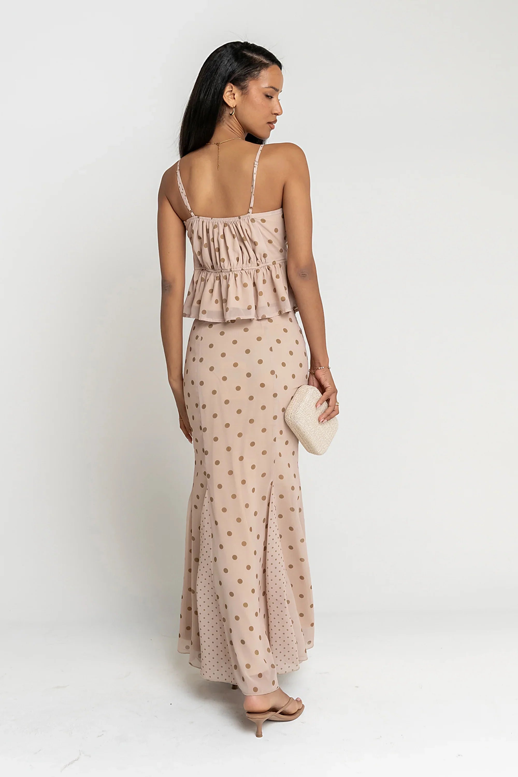 Freida Polka Dot Maxi Skirt in Taupe