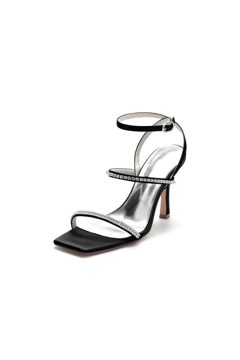 Crystal Cross Straps Square Open Toe Chunky Heels