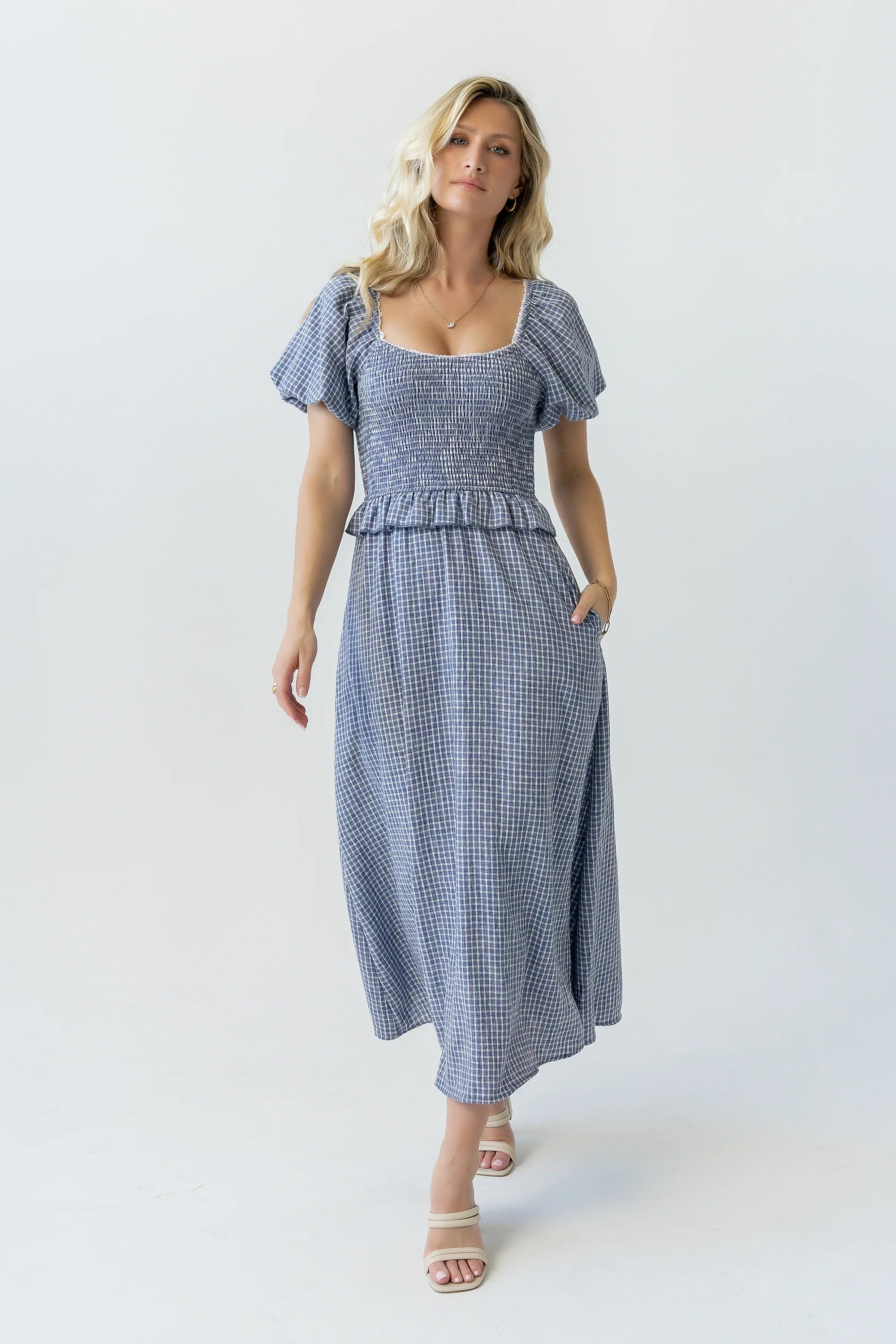 Renley Plaid Midi Dress in Navy