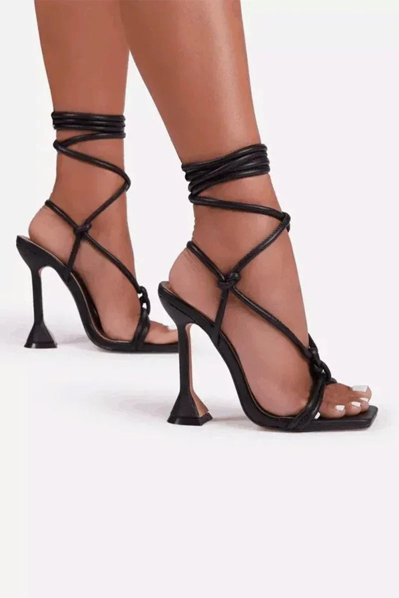 Square Open Toe Tie Up Ankle Strap Stiletto Heels