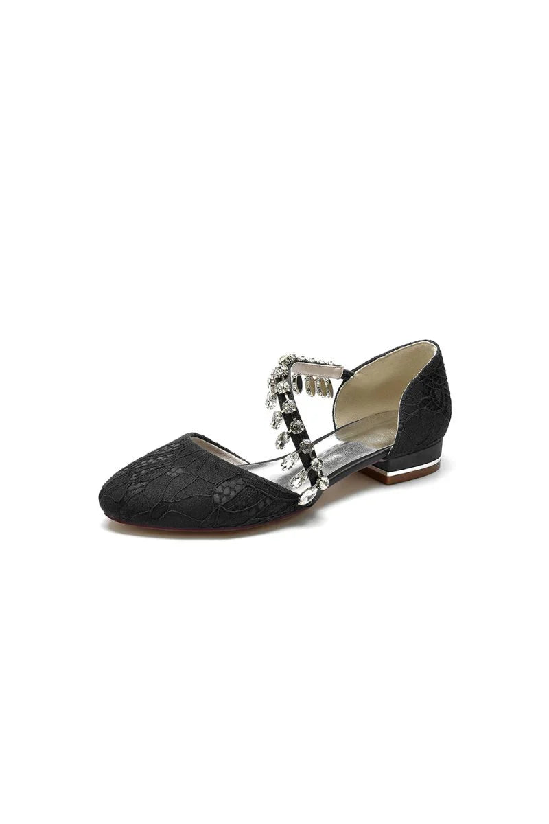 Crystal Strap Lace Round Toe Flats
