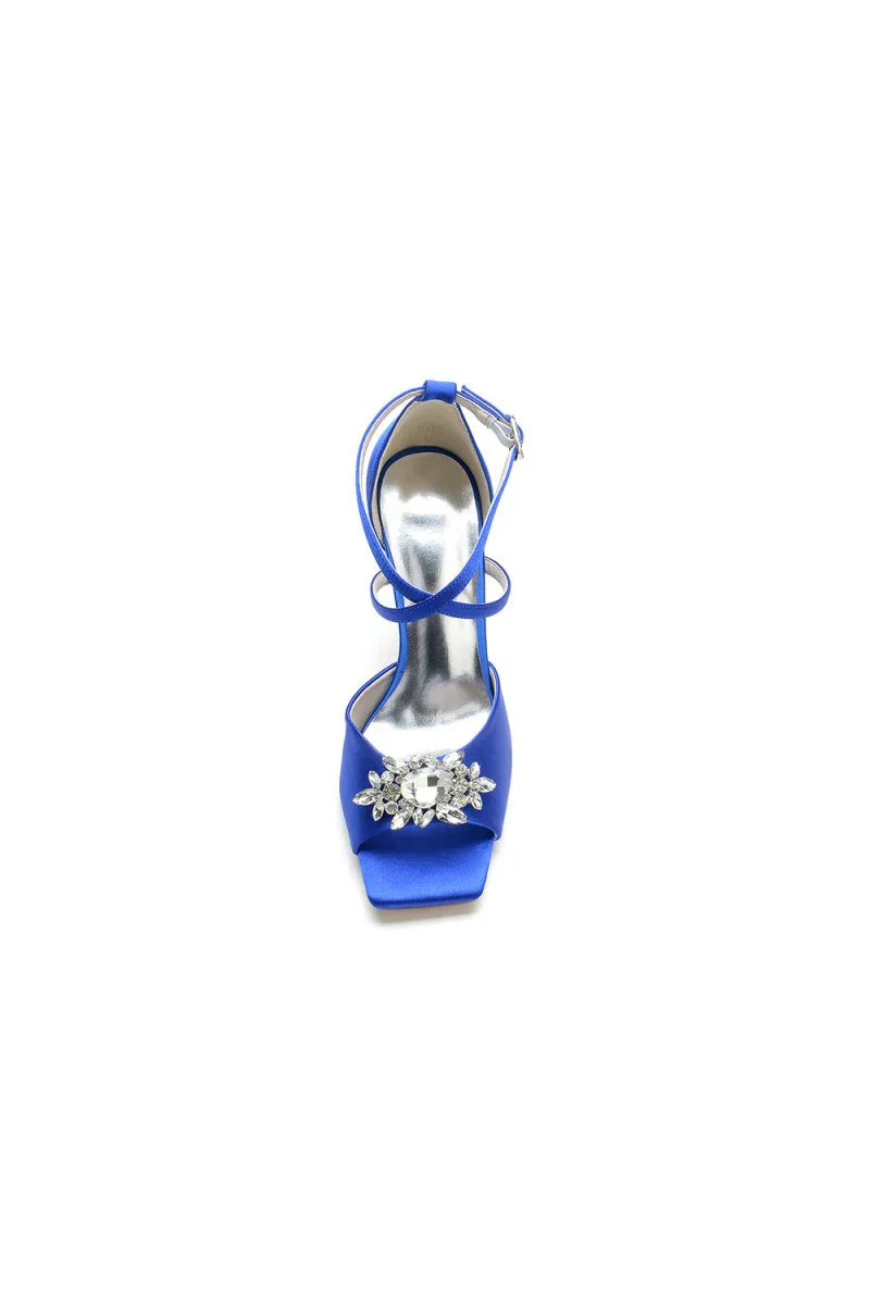Crystal Buckle Square Open Toe Cross Straps Chunky Heels