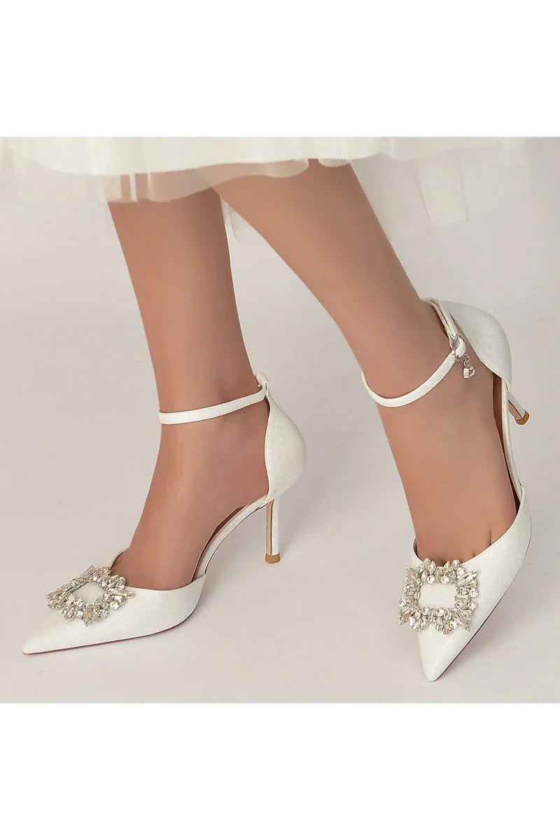 Pointed Toe Ankle Strap Stiletto Heels With Rhinestone