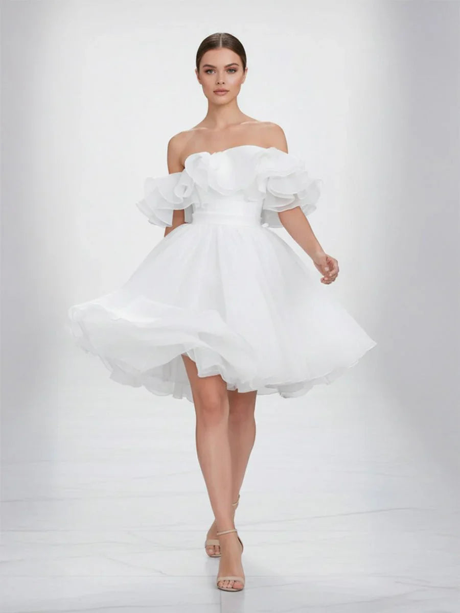 A Line Off The Shoulder Sleeveless Short Mini Organza Wedding Dresses