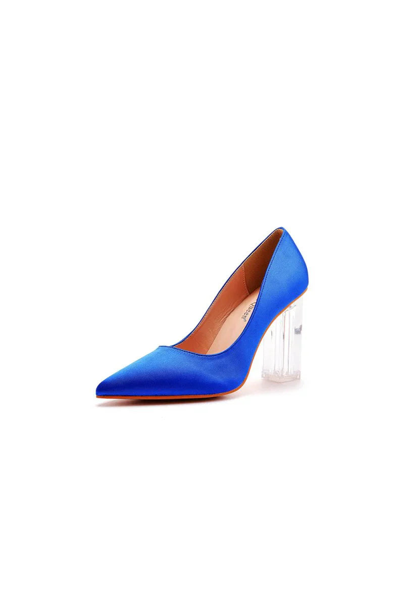 Simple Satin Slip on Pointed Toe Transparent Block Heels