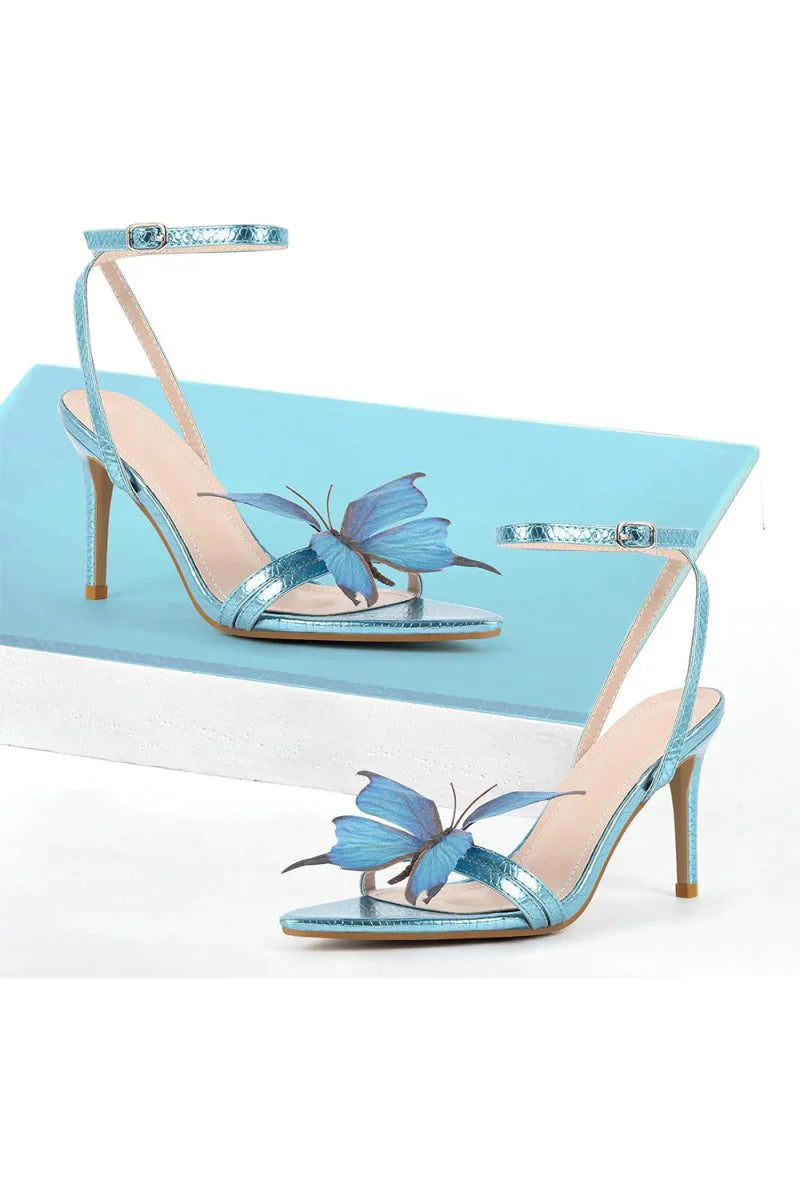 Blue Butterfly Ankle Buckle Open Toe Stiletto High Heels