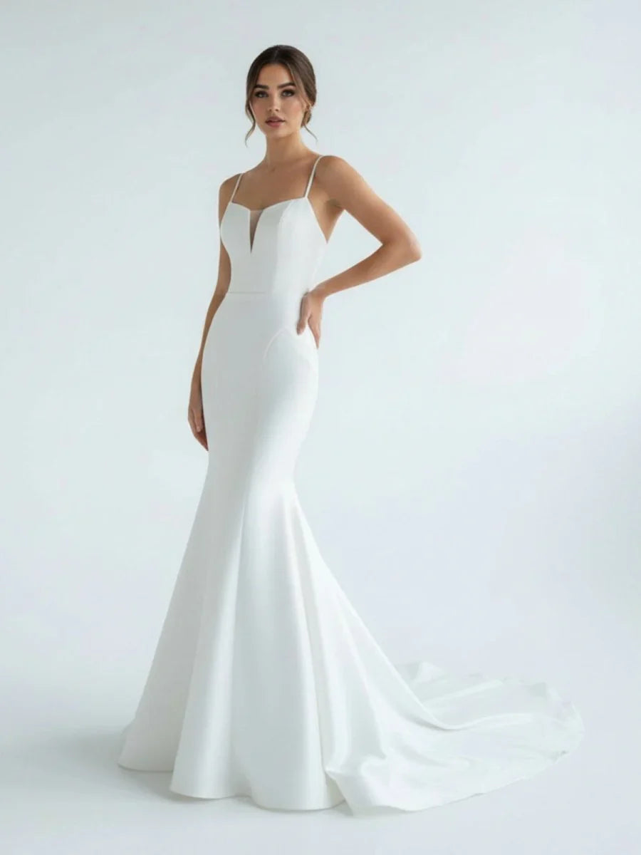 Mermaid White Spaghetti Straps Long Lace Wedding Dress