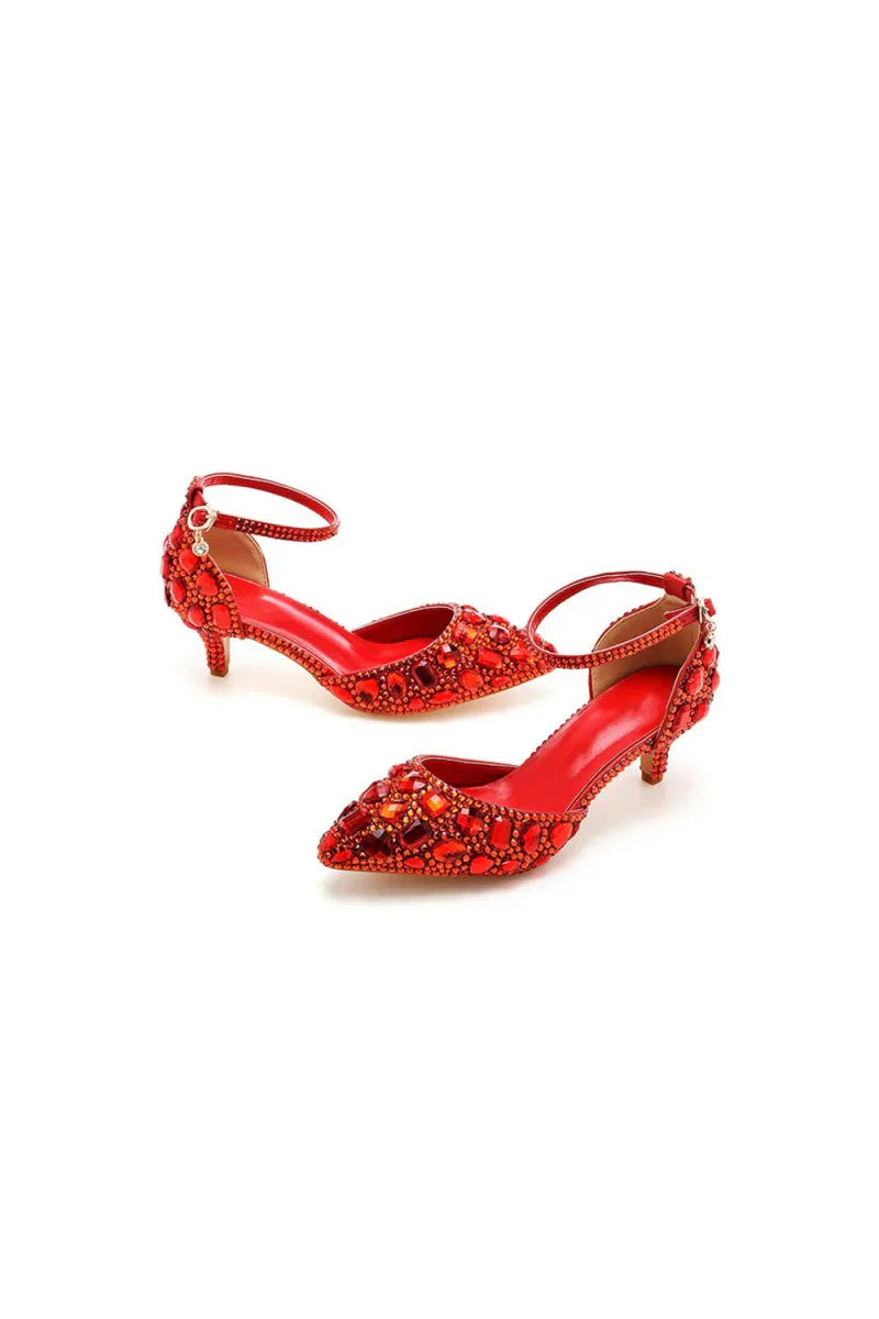 Pointed Toe Crystal Diamond Ankle Strap Kitten Heels