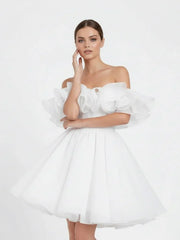 A Line Off The Shoulder Sleeveless Short Mini Organza Wedding Dresses