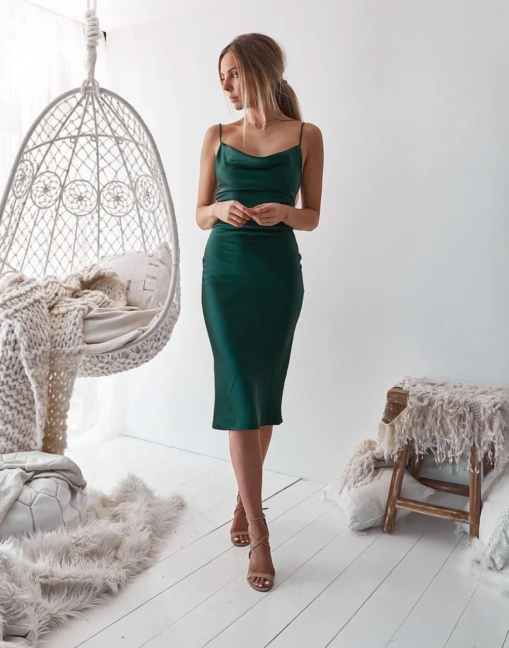 Aspen Midi Dress Emerald Green Satin Slip Dress