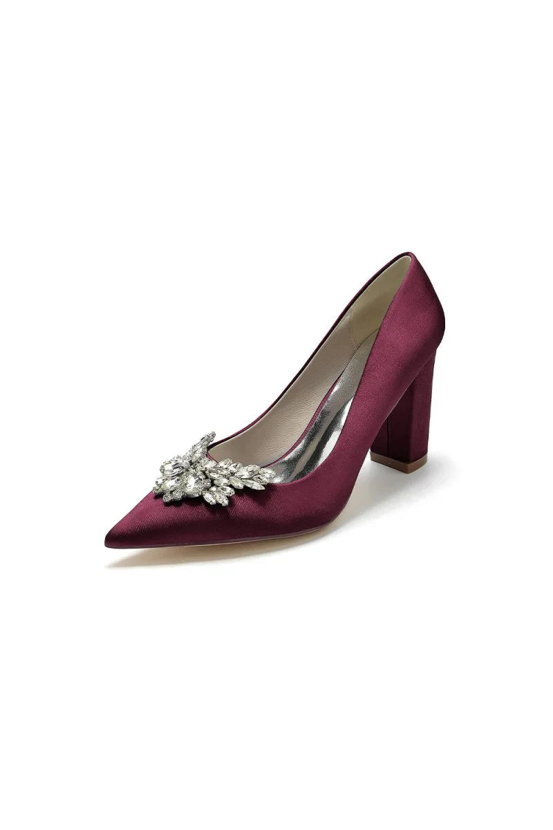 Satin Pointed Toe Slip on Chunky Heels With Rhinestone