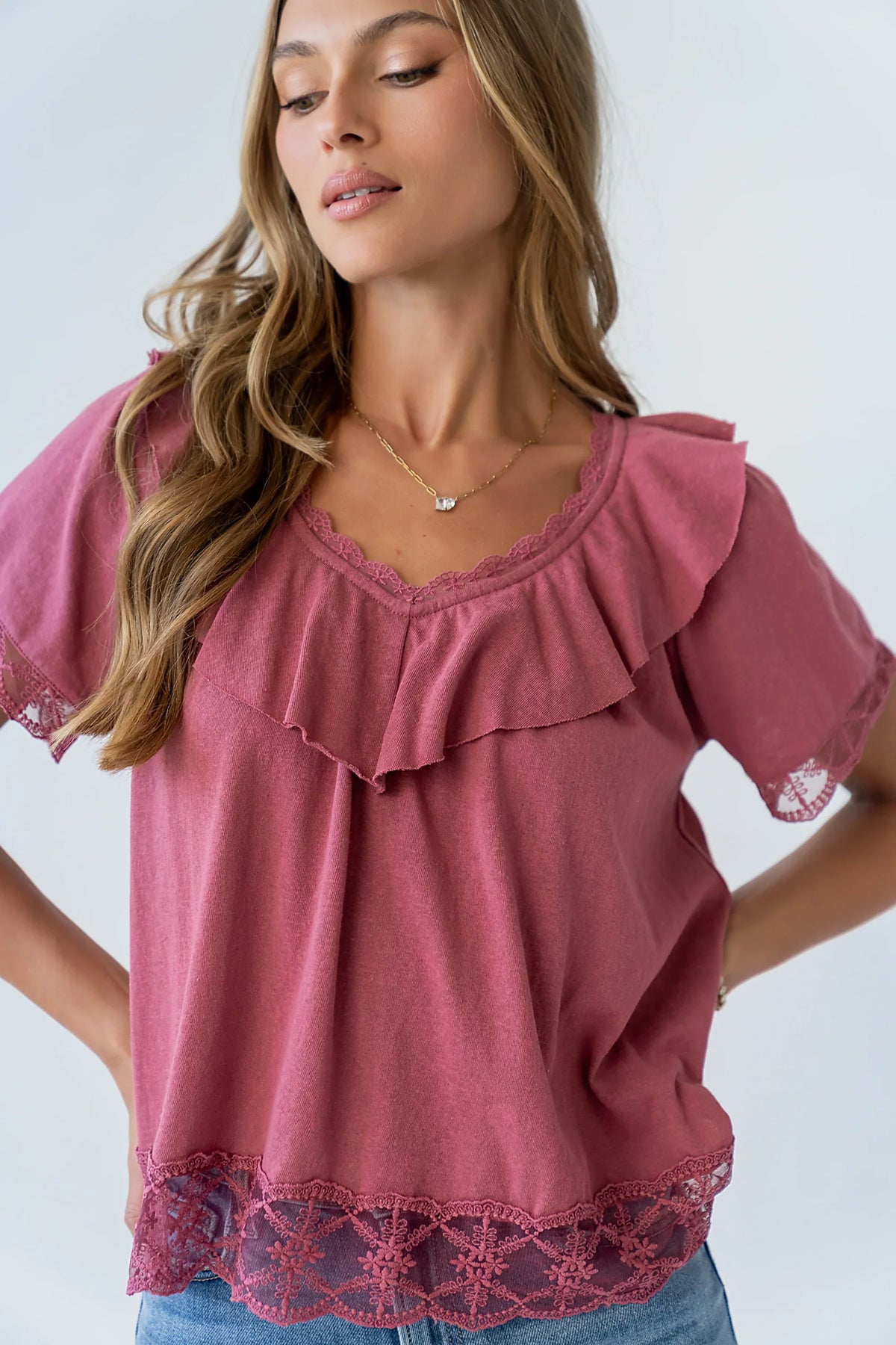 Lilian Lace Trim Top in Berry