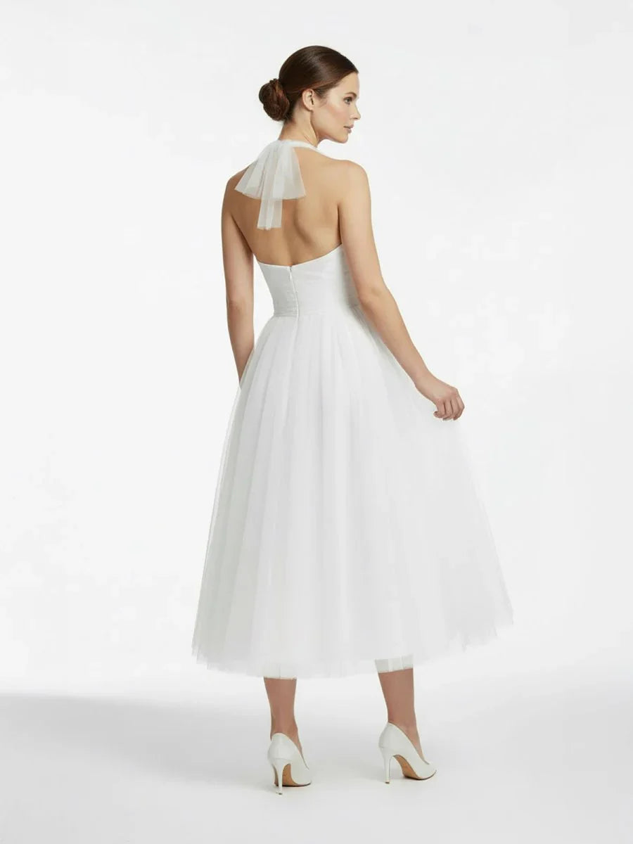 Halter A Line Tea Length Tulle Wedding Dress With Ruching
