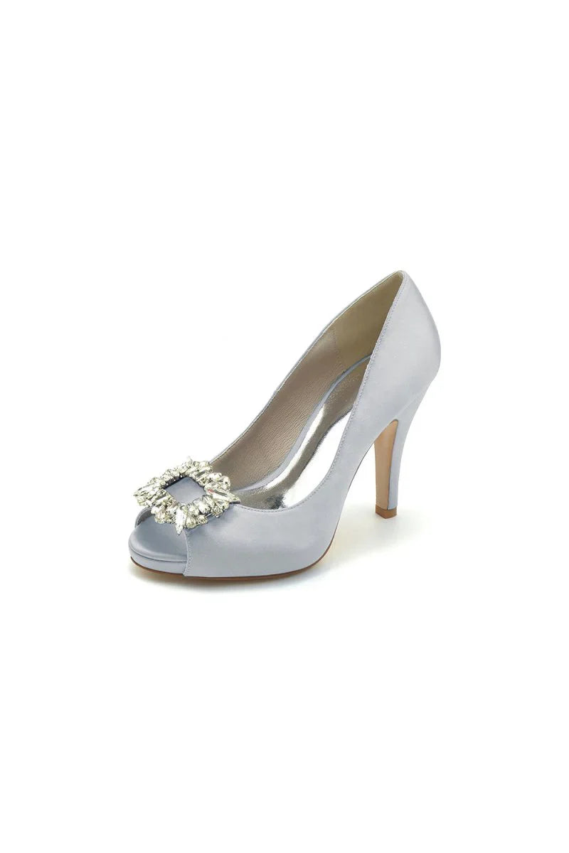 Peep Toe Slip on Stiletto Heels With Rhinestone