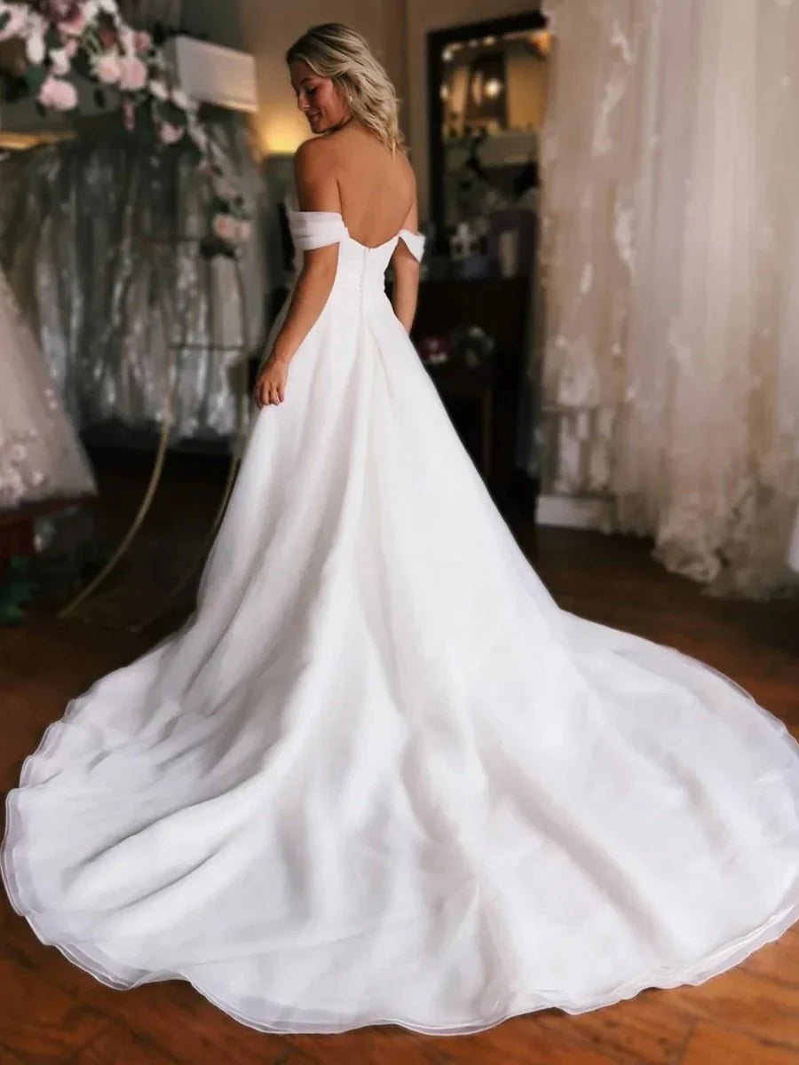 Elegant White Off the Shoulder Long Wedding Dress with Slit