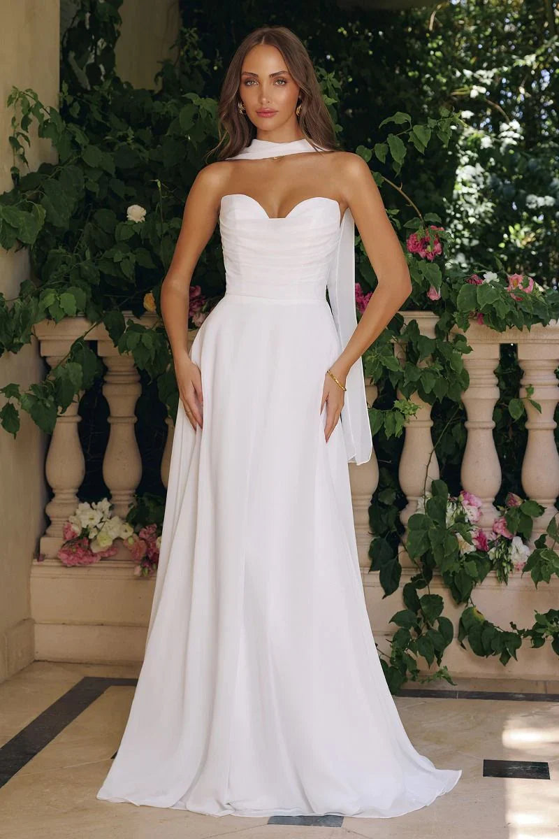 Ella Gown A line Strapless Chiffon Dress With Scarf Off White