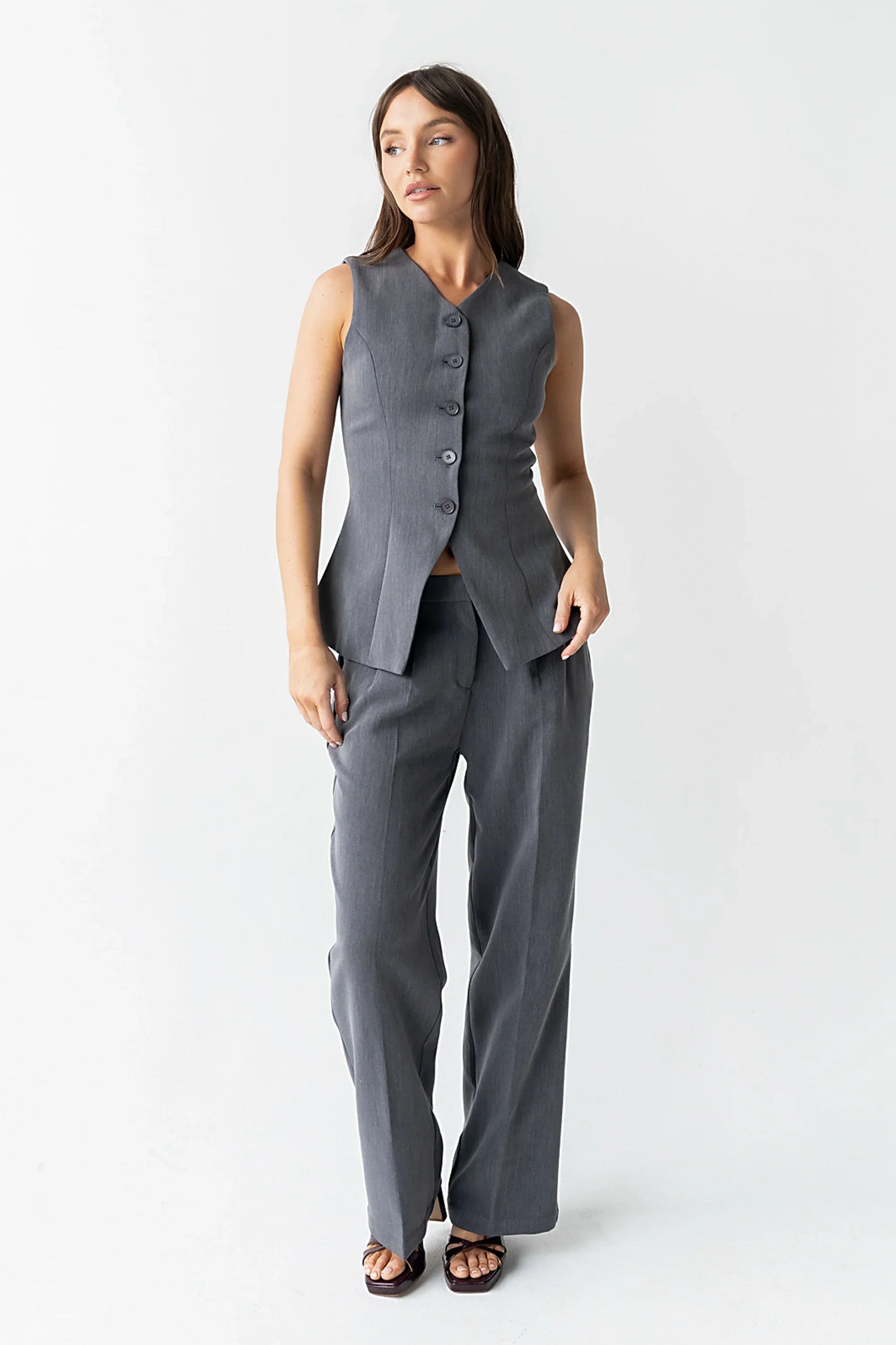 Carrie Button Up Vest in Charcoal