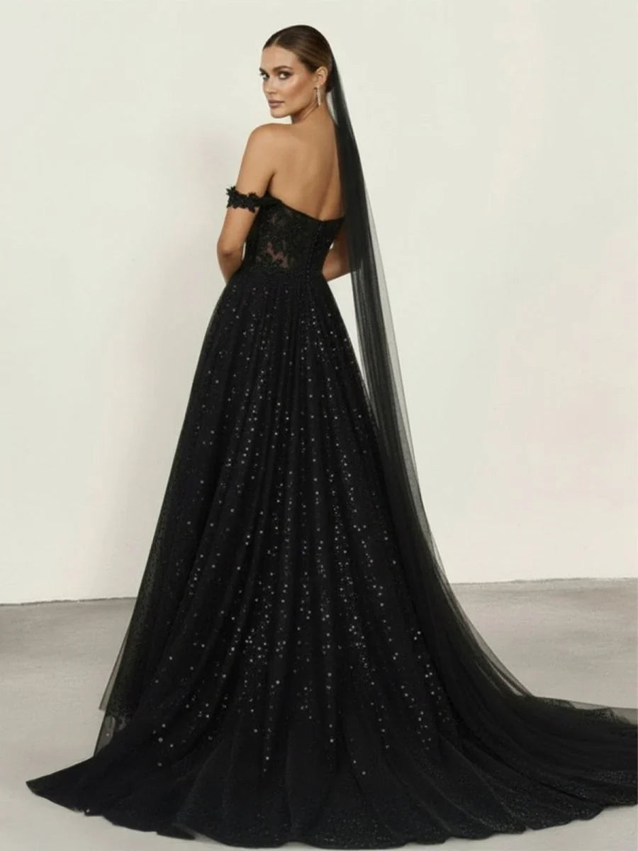A Line Black Gothic Wedding Dresses with Sequin Lace Appliques