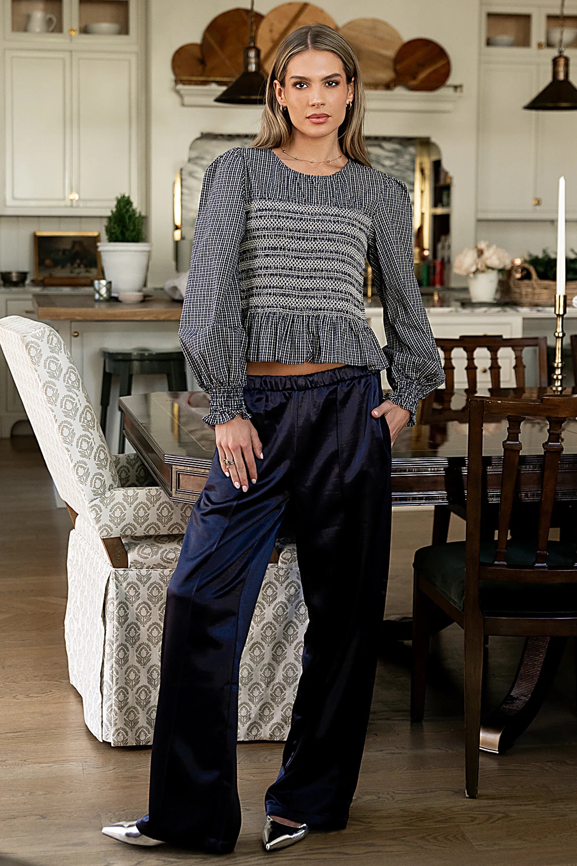 Kesley Smocked Blouse in Navy