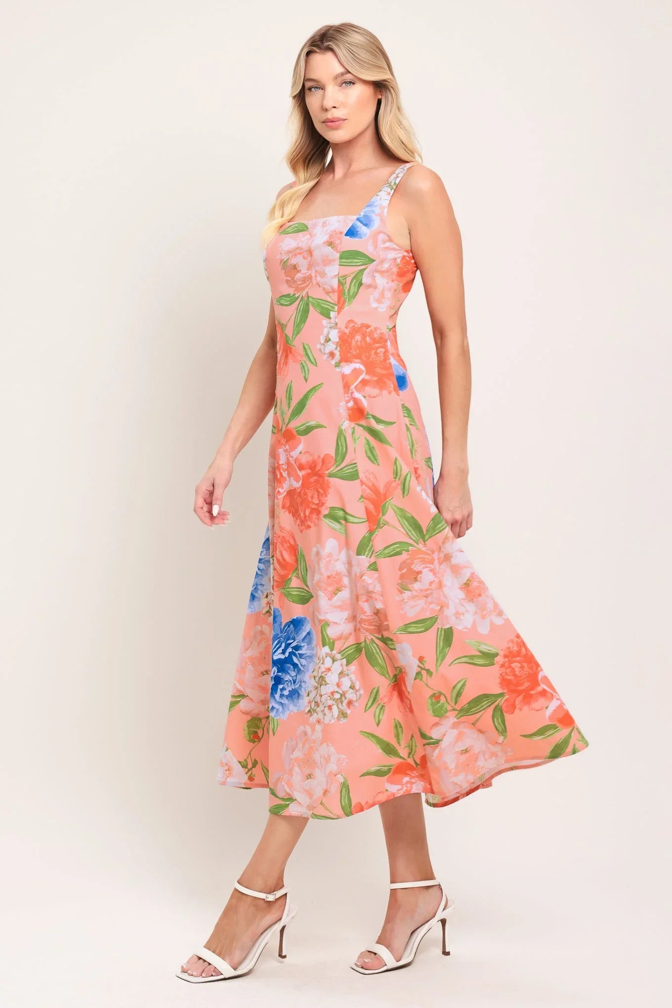 PEACH PETAL FLORAL MIDI DRESS