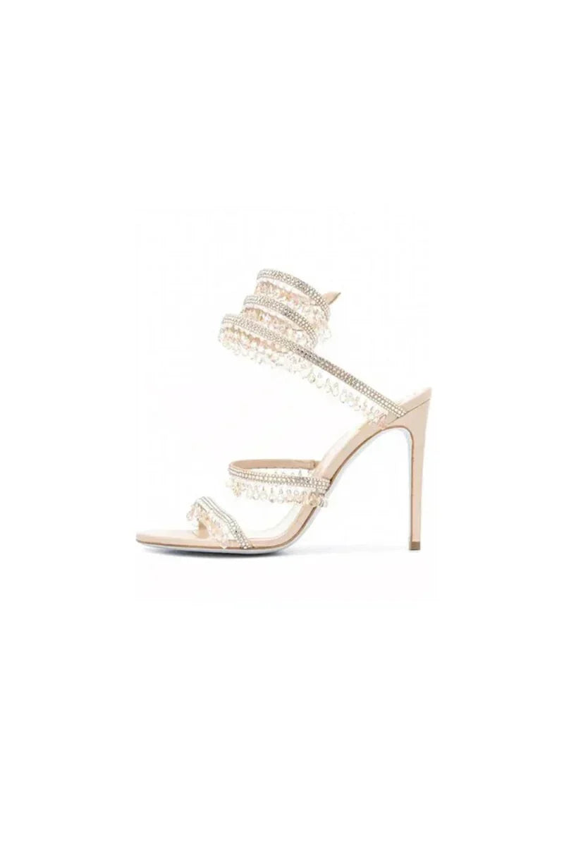 Open Toe Ankle Wrap Beaded Crystal Stiletto Heels