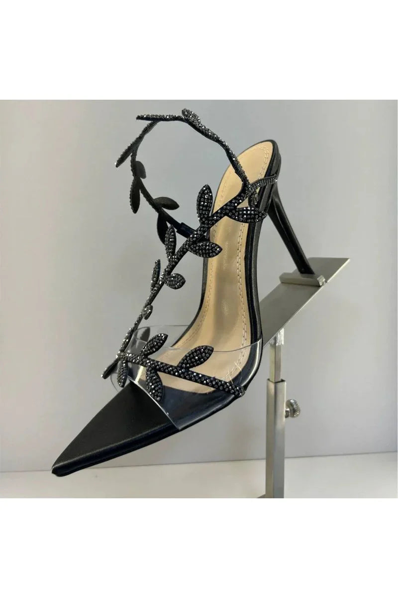 Black Slingback Open Toe Stiletto High Heels with Rhinestones