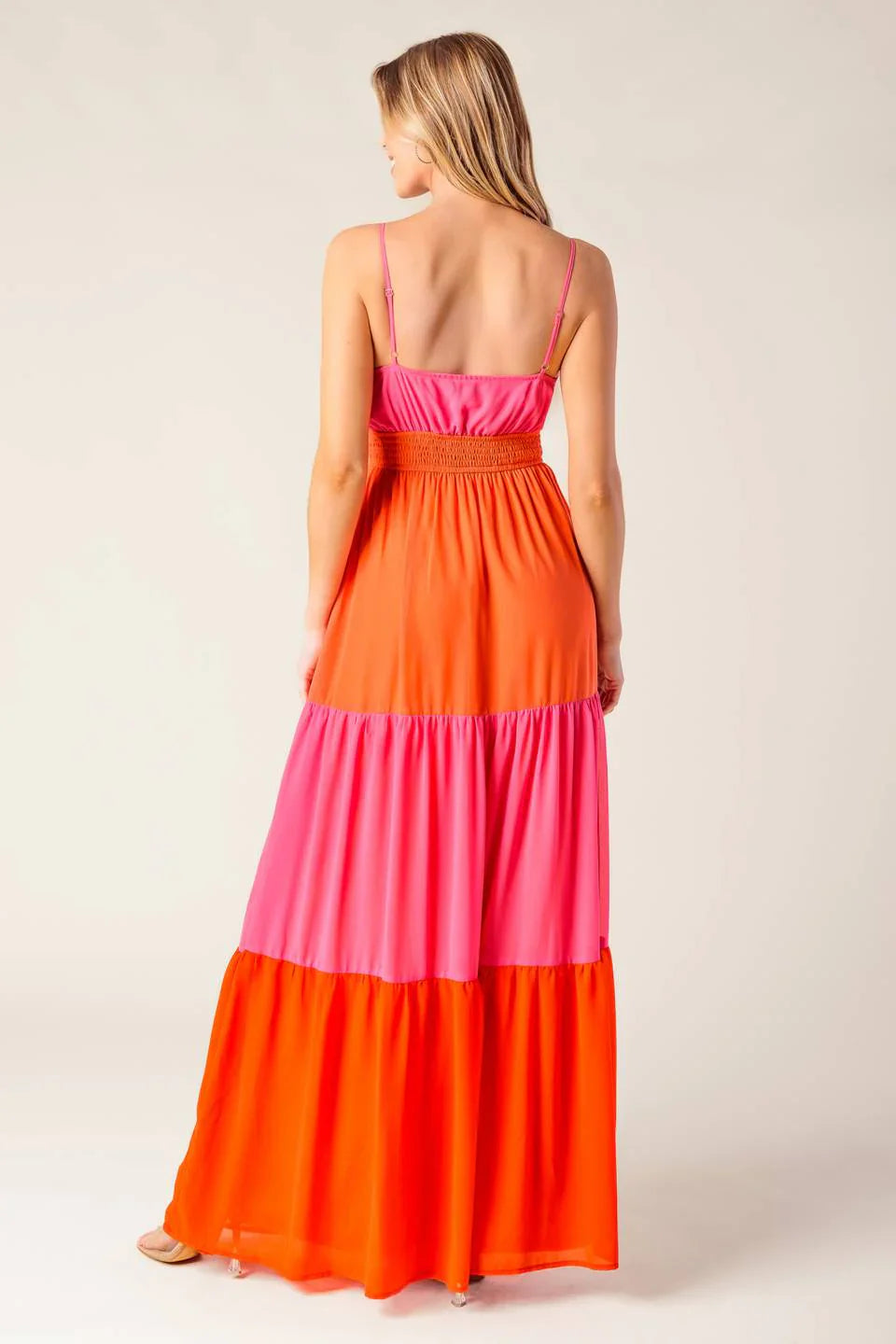 REGAL SUNRISE PINK RED COLOR BLOCKED MAXI DRESS