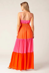REGAL SUNRISE PINK RED COLOR BLOCKED MAXI DRESS