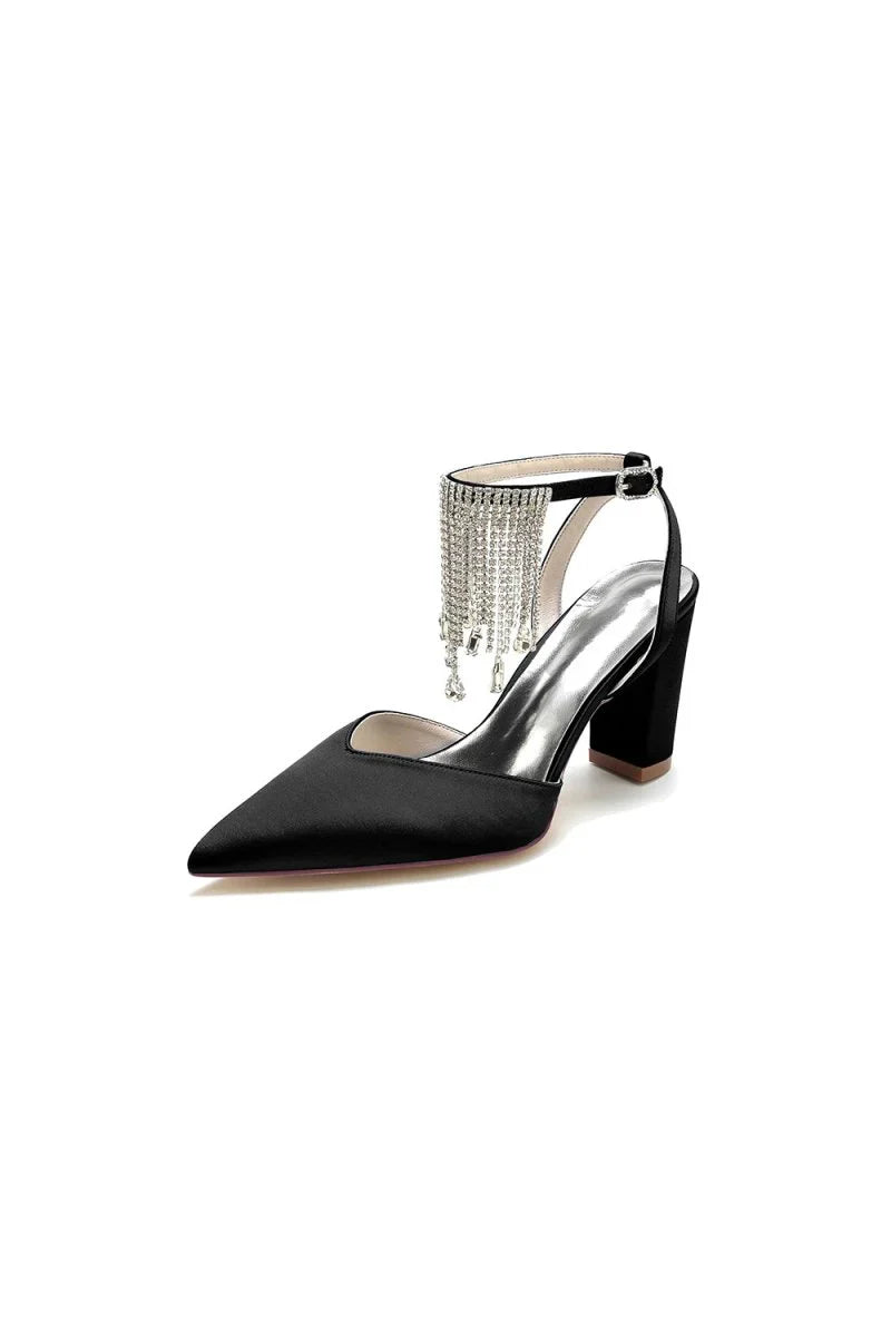 Pointed Toe Beading Tassel Satin Chunky Heels