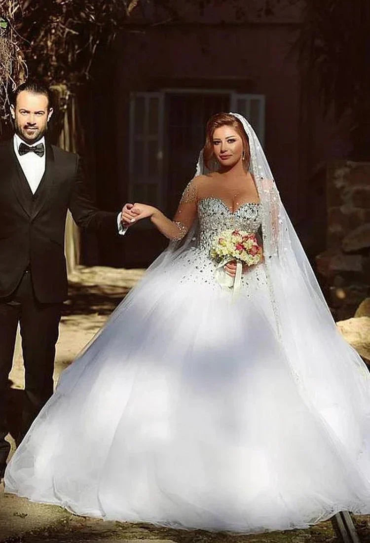 Vintage Long Sleeve Beadings Ball Gown Tulle Lace Up Wedding Dress