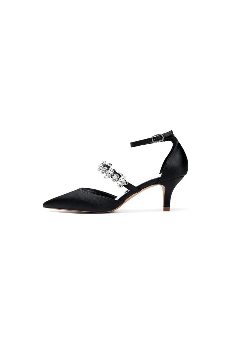 Crystal Strap Pointed Toe Satin Kitten Heels