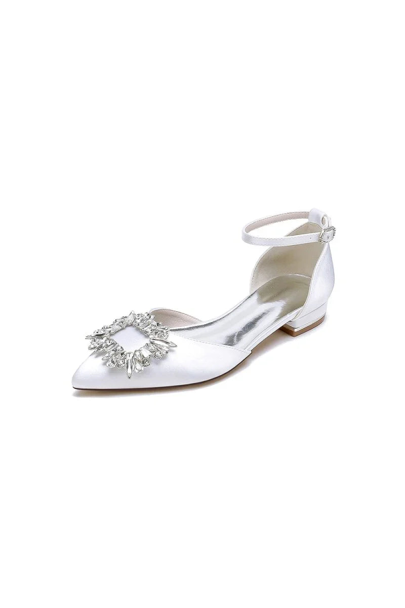Rhinestone Pointed Toe Ankle Strap Satin Kitten Heels