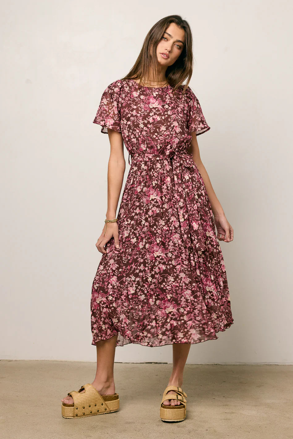 Mary Anne Floral Midi Dress in Brown FINAL SALE