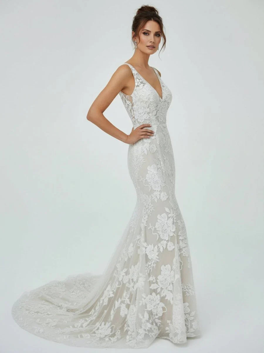 Floral Lace Appliques V Neck Sleeveless Mermaid Boho Wedding Dresses